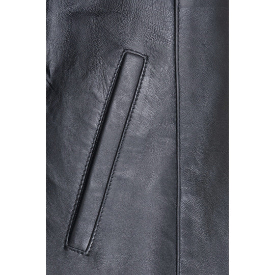 Close-up of a black winter coat with stitching pocket detail on a white background.