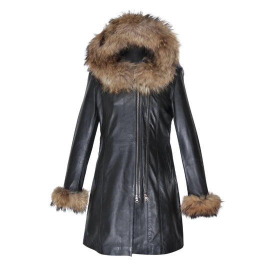 Front view of the Natalie black winter coat featuring a zip-up closure and voluminous fur-trimmed cuffs.