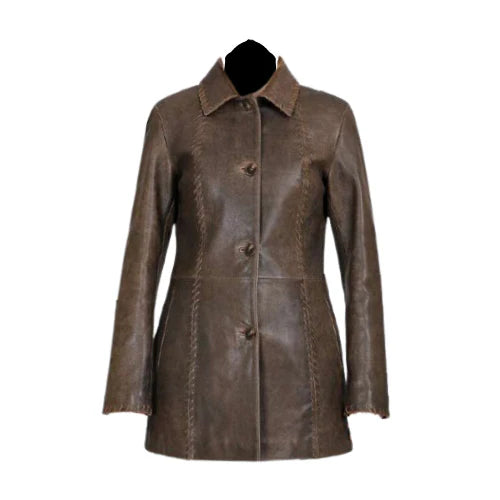 Front view of the Olivia vintage brown leather coat featuring a classic button-up closure and hand-burnished finish.