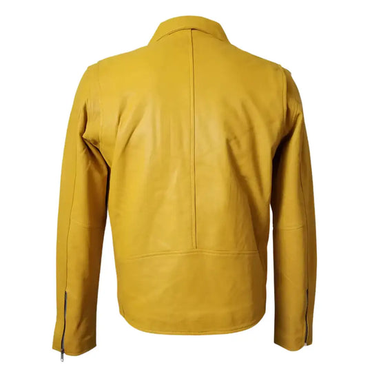 Back profile of Olson's stylish yellow belted leather biker jacket