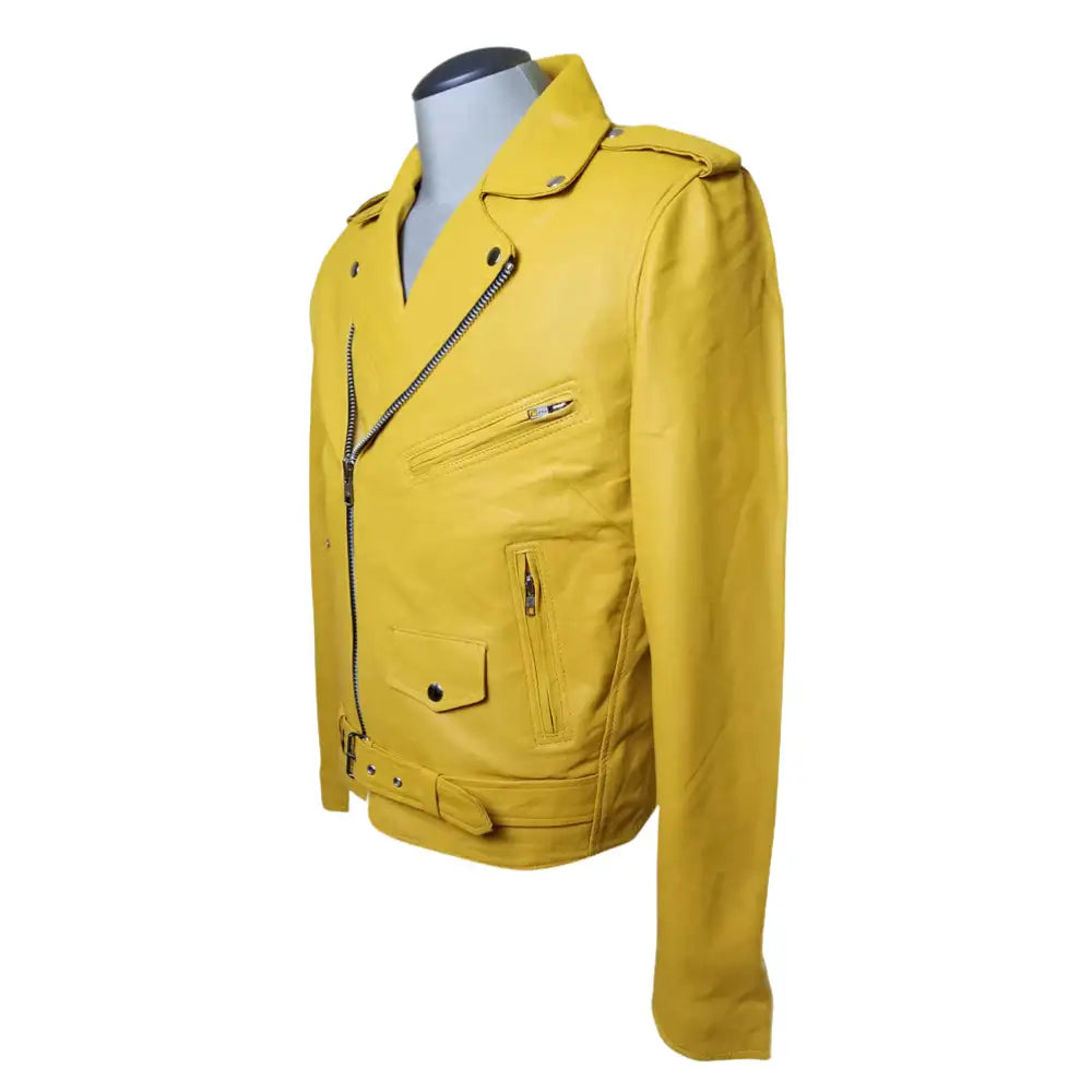 Side profile of Olson's premium yellow belted leather biker jacket