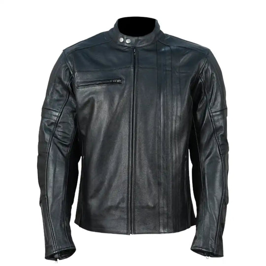 Front view of Owen's Streamline racer jacket in premium black leather, featuring a sleek, minimalist chest design and a secure center-zip closure.