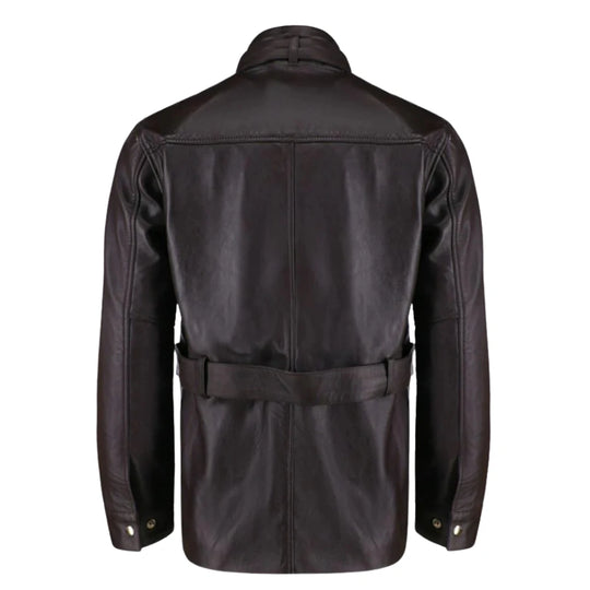 Parker Black Belted Leather Jacket with Large Pockets rear view belted leather jacket