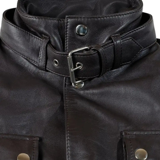 Parker Black Belted Leather Jacket with Large Pockets close up waist belt buckle detail