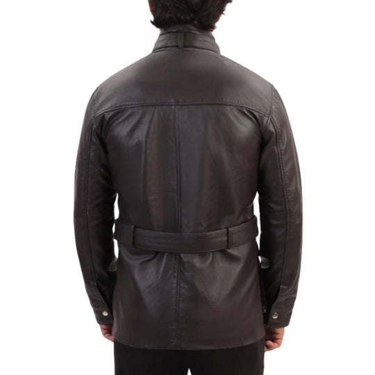 Model wearing Parker Black Belted Leather Jacket with Large Pockets back view black leather jacket