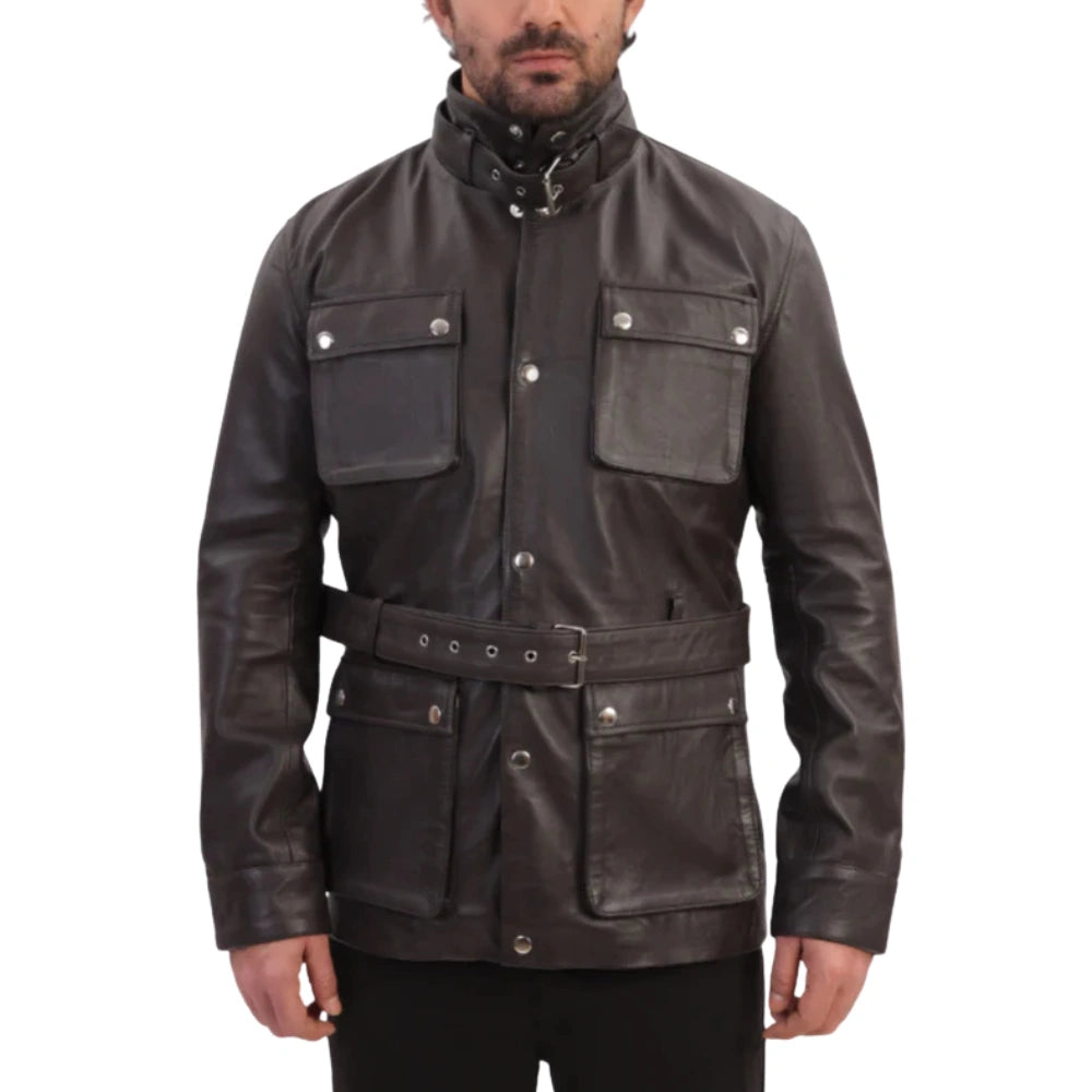 Model styling Parker Black Belted Leather Jacket with Large Pockets utility leather jacket look