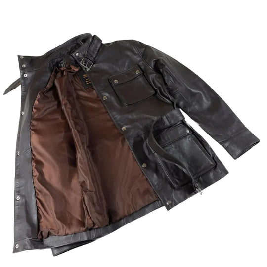 Parker Black Belted Leather Jacket with Large Pockets side profile black leather belted jacket