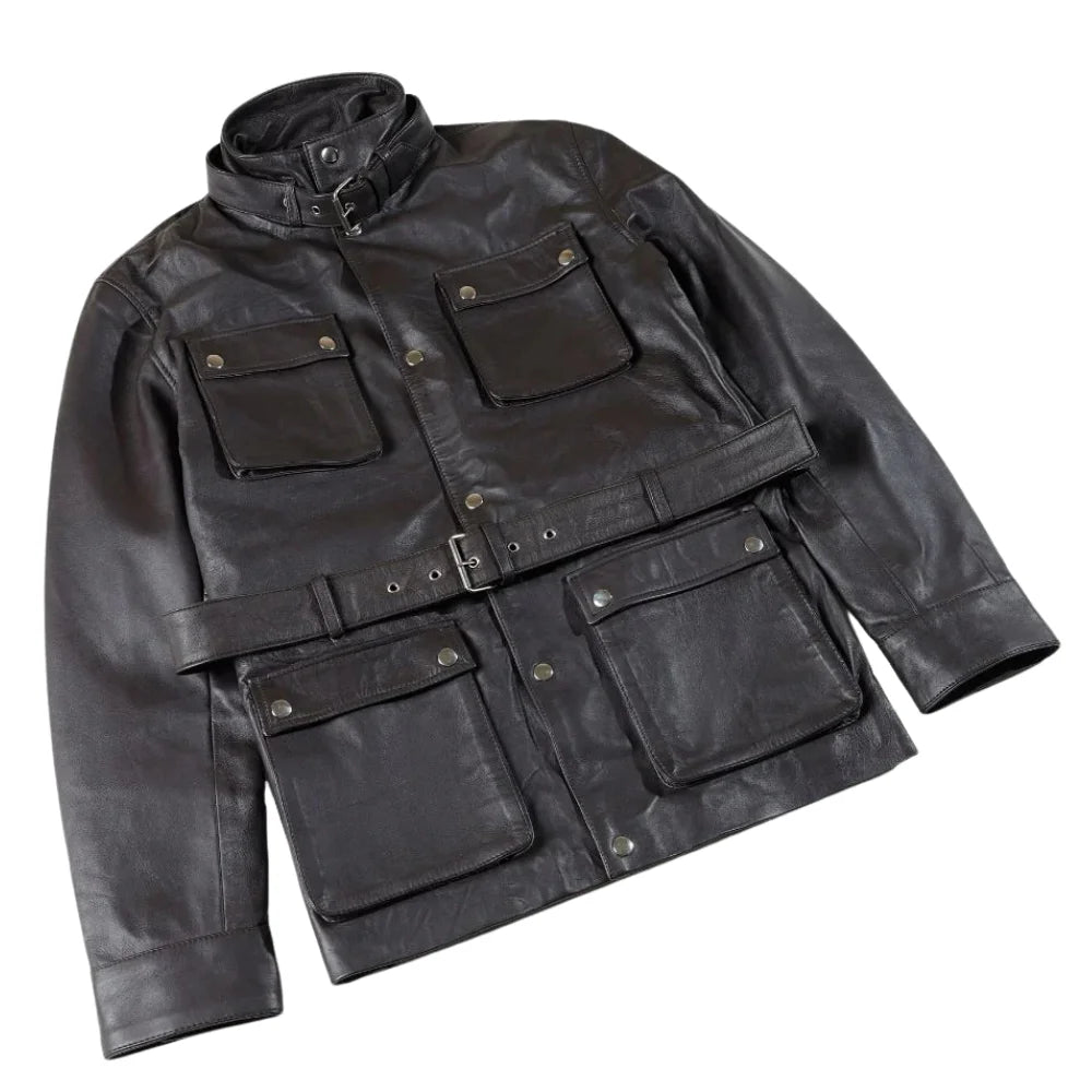 Parker Black Belted Leather Jacket with Large Pockets side view leather jacket with waist belt