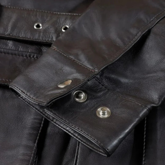 Parker Black Belted Leather Jacket with Large Pockets sleeve detail black leather cuff