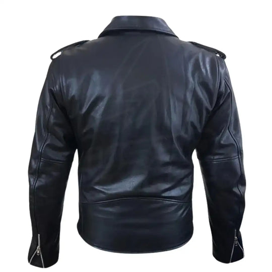 Rear view of the Perfect Biker Style Heavy Leather Biker Jacket showing the clean cowhide back panel and bi-swing action shoulders for riding comfort.
