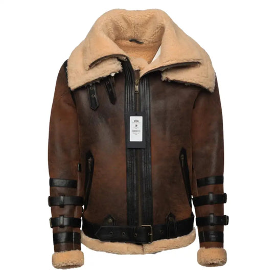 Front view of Richard's Vintage Distressed Brown Aviator Bomber Shearling Jacket fully closed, showcasing the robust distressed leather design with shearling collar.