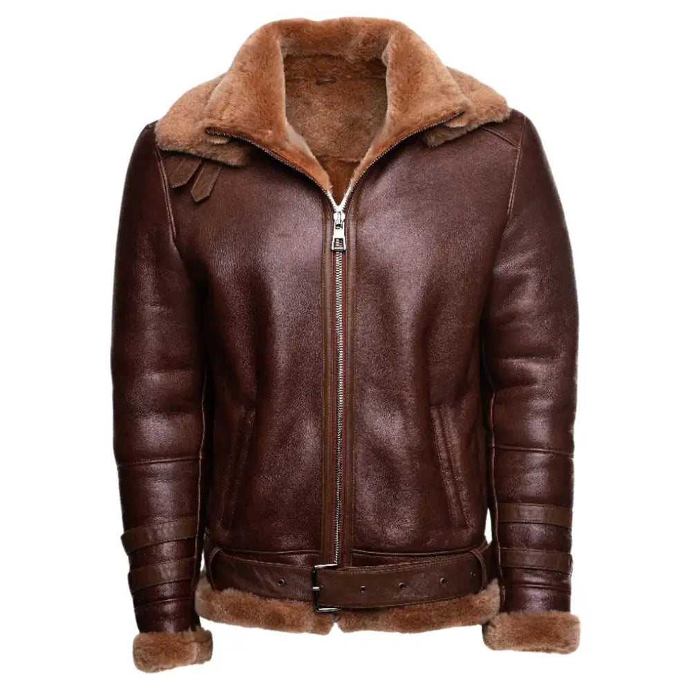 Phan's brown aviator bomber shearling jacket featuring a plush tan shearling collar and open front with waist belt detail.