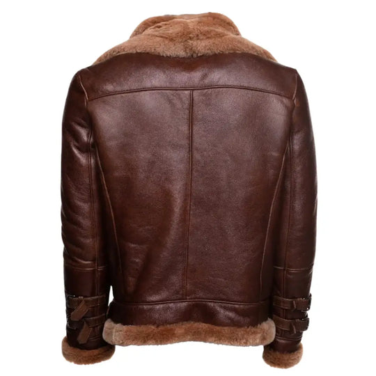 Back view of Phan's brown aviator bomber leather jacket showing the shearling hem and high-quality stitched leather panels.