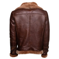 Phan's Brown Aviator Bomber Shearling Jacket with a Waist Belt back view brown leather aviator shearling jacket