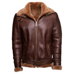 Phan's Brown Aviator Bomber Shearling Jacket with a Waist Belt front view brown shearling aviator jacket with belt