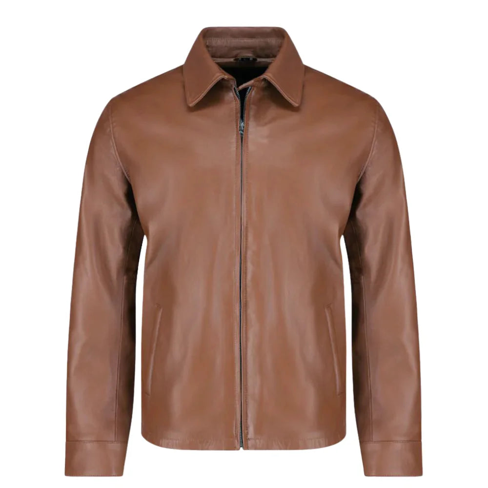 Pierre Brown Leather Jacket front view brown leather jacket with classic design