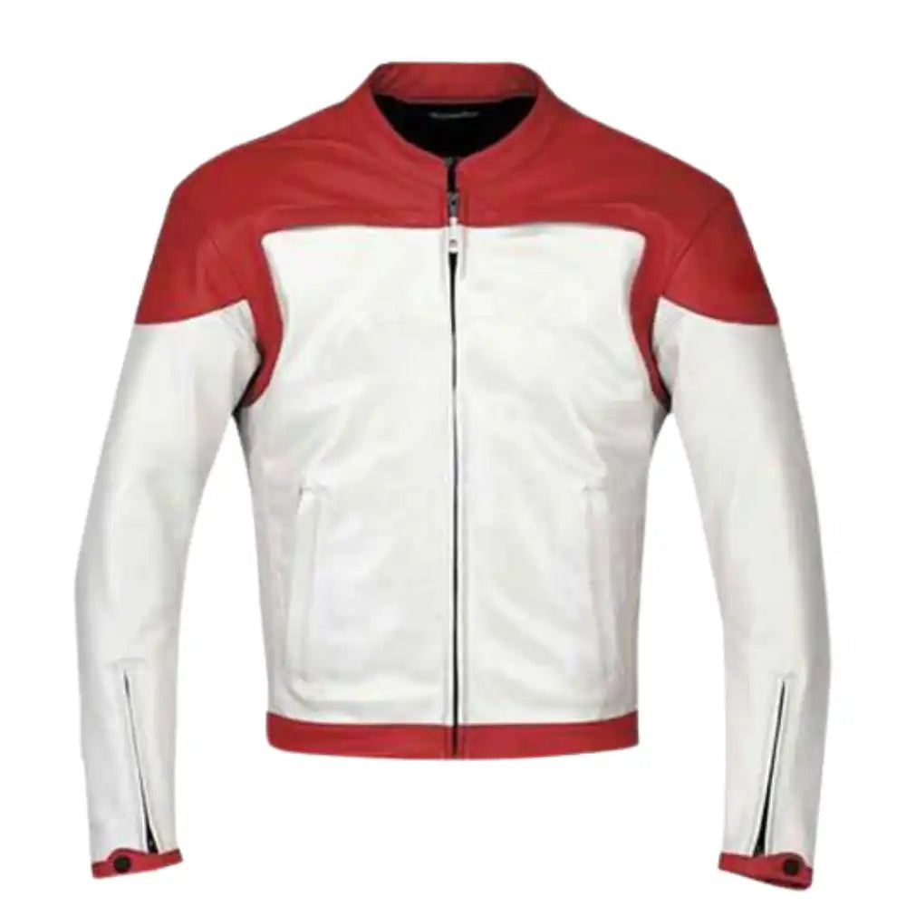 Front view of a red and white armored leather motorcycle jacket featuring padded protection on shoulders and elbows.