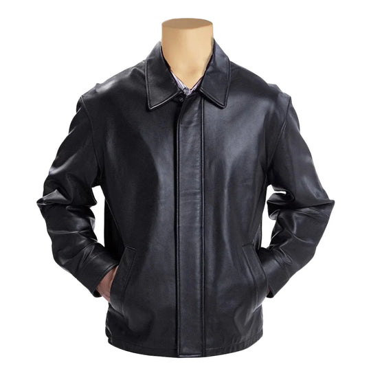 Plain Black Classic Leather Jacket with Collars front view classic black leather jacket with collar