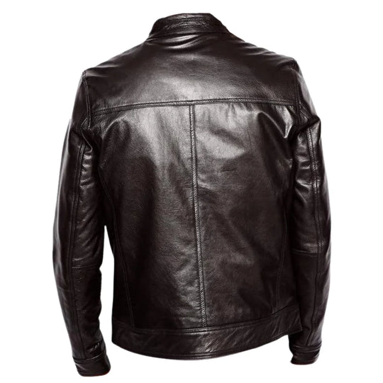 Plain Black Moto Style Jacket back view black leather moto jacket with clean back panel