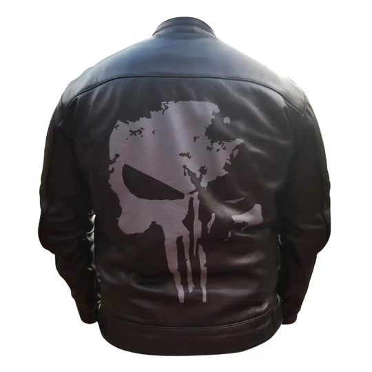 The rear displays a large, high-contrast Punisher skull graphic centered across the shoulder blades on premium black leather.