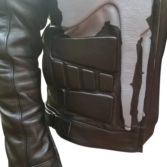 Men's black armored leather biker jacket with a large Punisher skull emblem and reinforced padding.