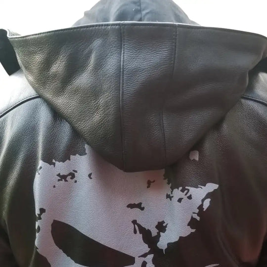 Detailed close-up of the Punisher's leather motorcycle jacket stitching and the high-quality texture of the abrasion-resistant leather.