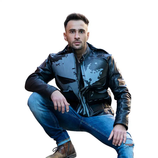 A male model wearing the Punisher's leather motorcycle jacket while standing next to a cruiser bike, showcasing the jacket's fit and aggressive style.