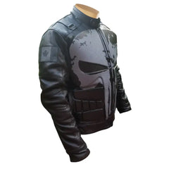A side-angle shot of the Punisher's leather motorcycle jacket highlighting the pre-curved sleeves and protective elbow armor.