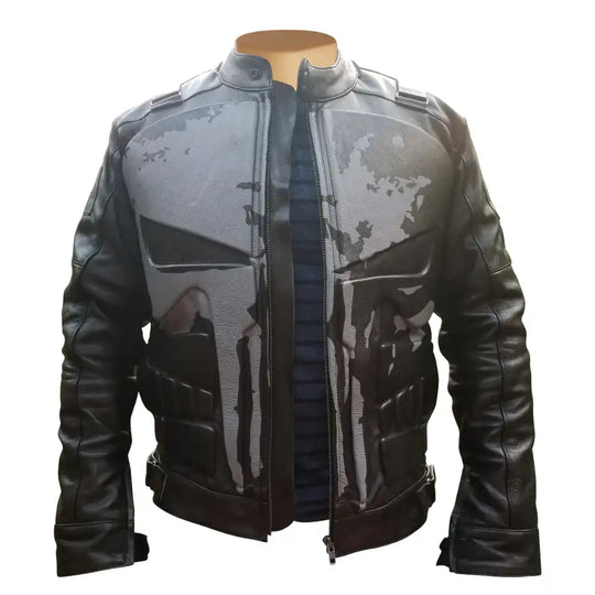 Front view of a black leather motorcycle jacket featuring the iconic white Punisher skull logo on the chest.