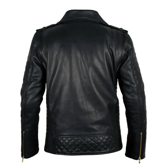 Back view of the quilted leather biker jacket showing the clean lines and stylish design.