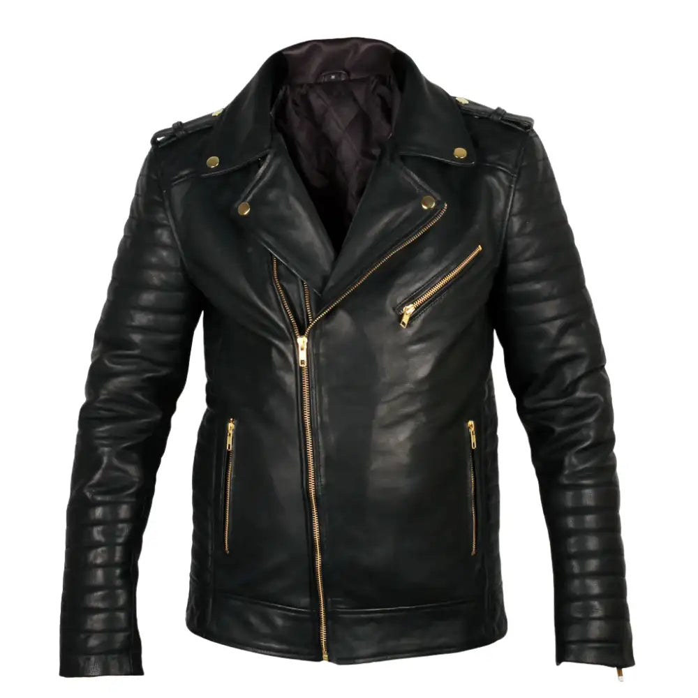 Quilted Leather Biker Jacket front view black leather biker jacket with quilted shoulder panels