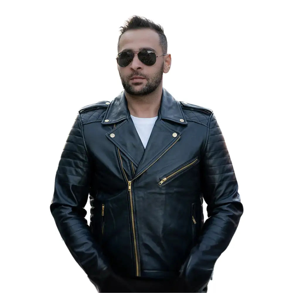 Model wearing Quilted Leather Biker Jacket black leather motorcycle jacket outfit