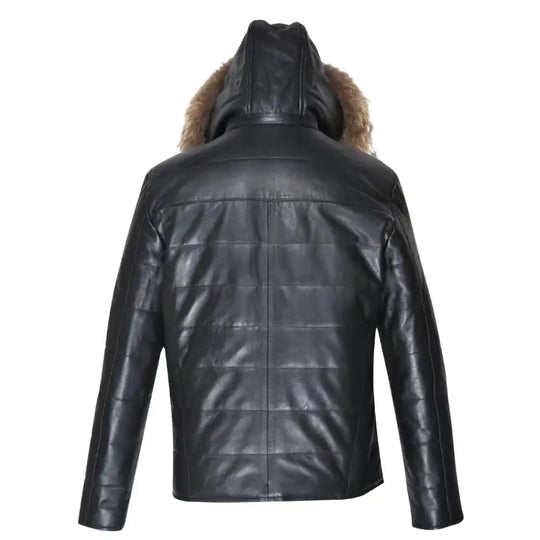 Raven Black Hooded Leather Puffer Jacket