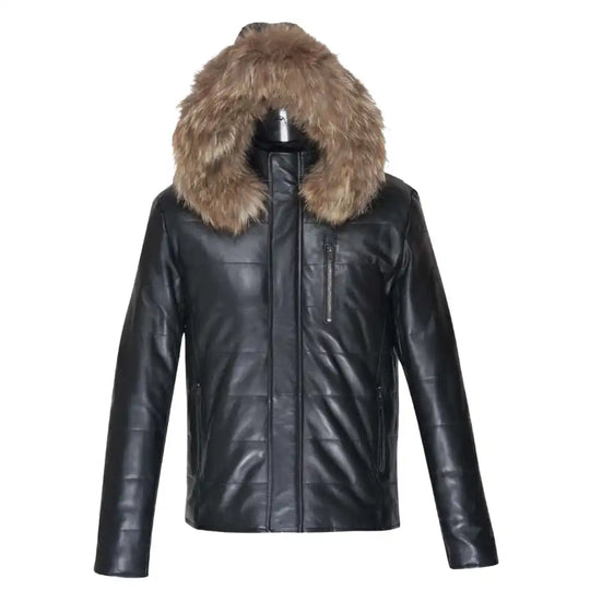 Raven Black Hooded Leather Puffer Jacket