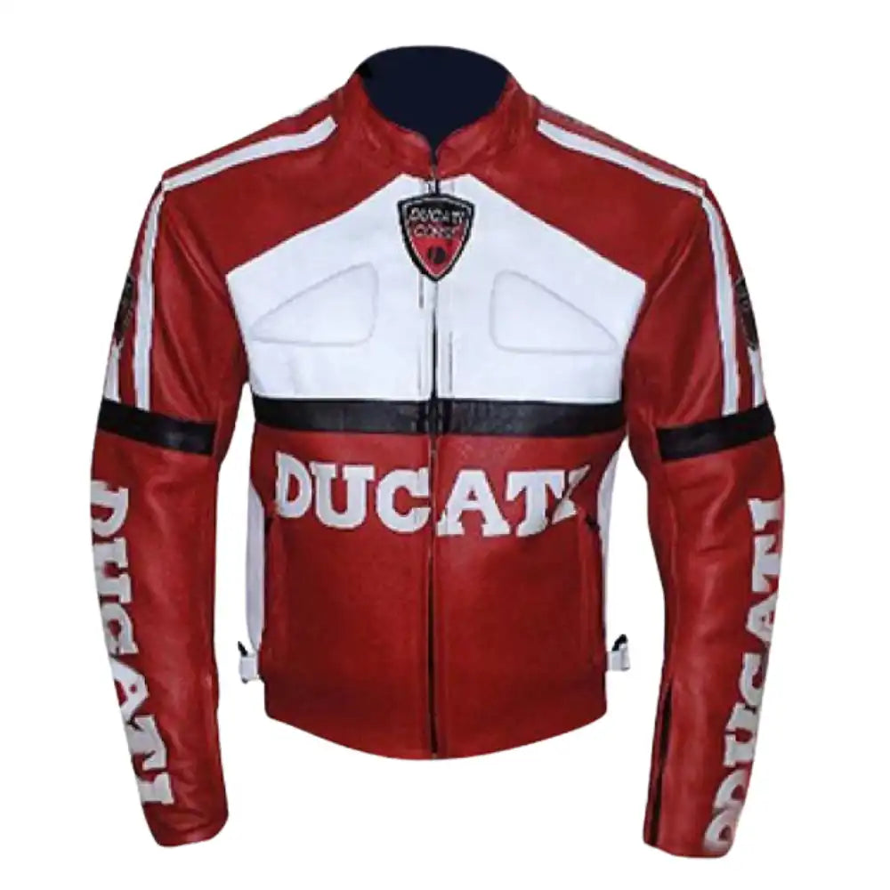 Front view of a red Ducati armored leather motorcycle jacket featuring the iconic Ducati shield and integrated aerodynamic shoulder sliders.