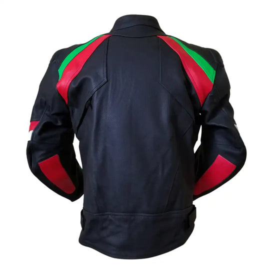 Rear view of the red, green, and black leather jacket highlighting the aerodynamic speed hump and reinforced spinal protector.