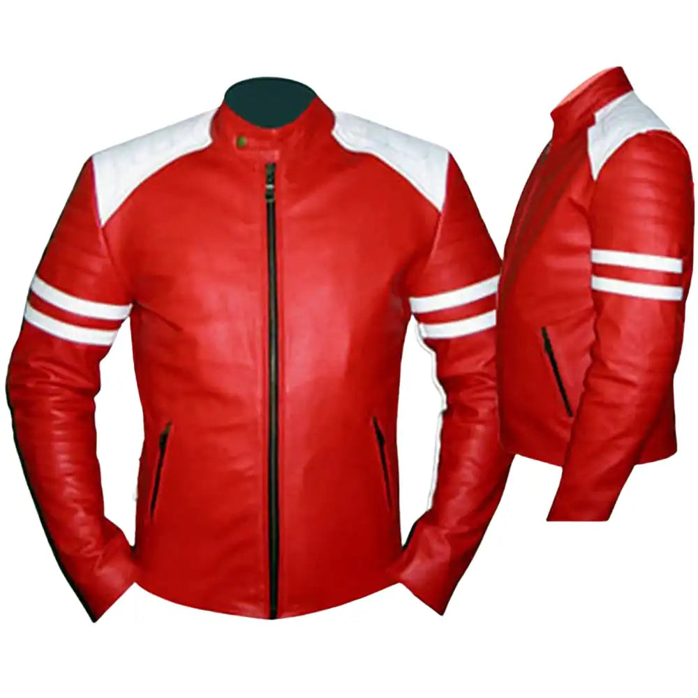 Front view of a red racer armored leather motorcycle jacket featuring white racing stripes and integrated external shoulder sliders.