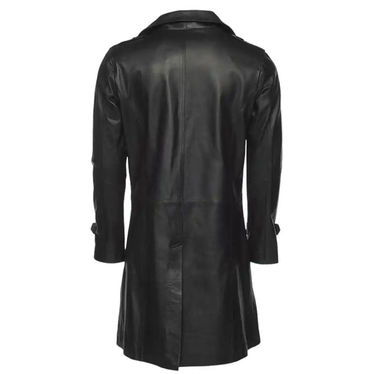 Back view of the Reiner black long leather coat, highlighting the clean finish and center back vent for ease of movement.