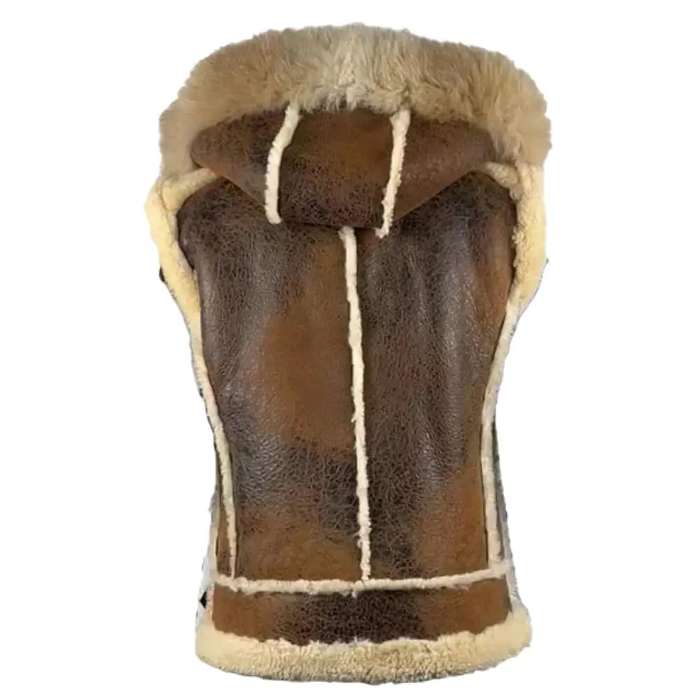Back view of Ridgeway's Distressed Brown Leather Shearling Vest, showcasing the rugged brown leather material with white shearling lining along the seams and collar. The vest's clean design is complemented by simple yet durable stitching.