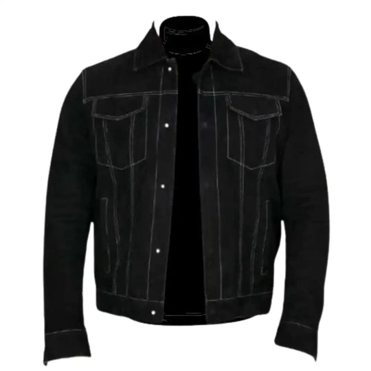 Front view of River Black suede trucker jacket on a white background