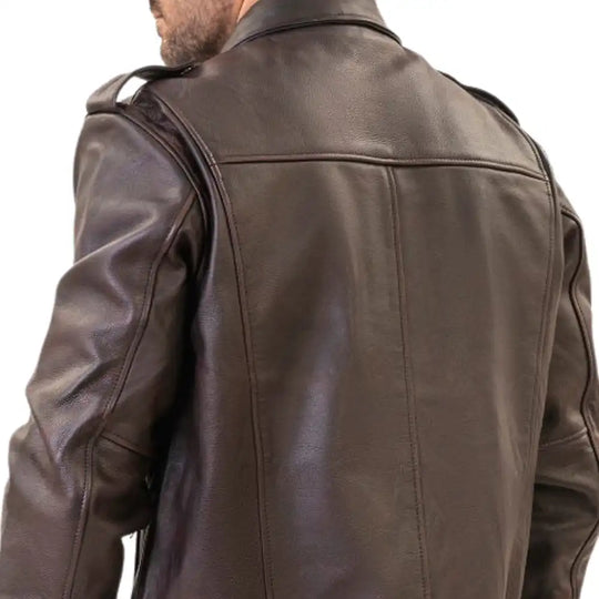 Back view showing the weathered brown leather panels and a clean, straight-cut hem designed for a relaxed riding position.