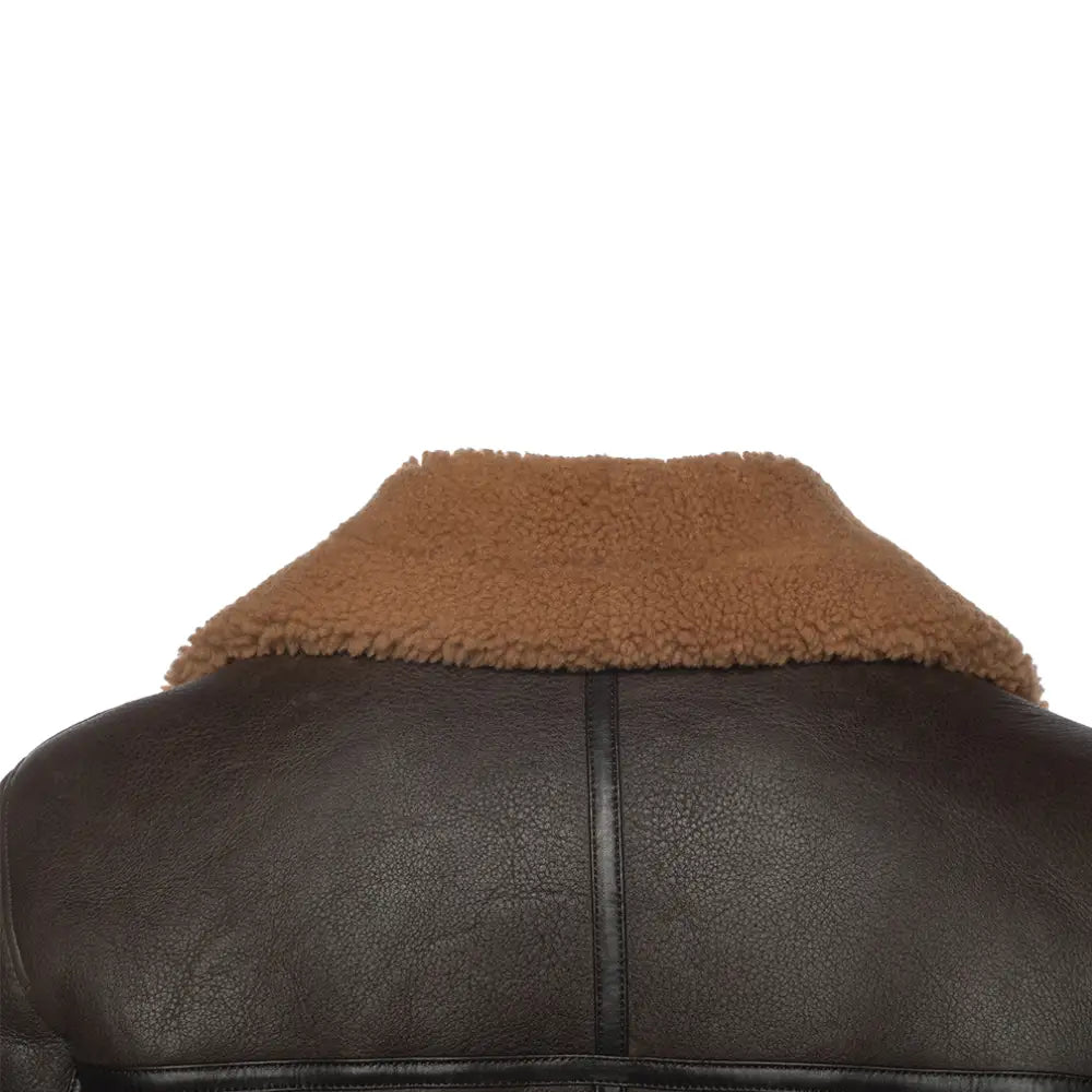 Back view of the shearling collar and strap details on the Rob Brown B3 Bomber Jacket, showcasing the leather straps that adjust the collar for comfort and style.