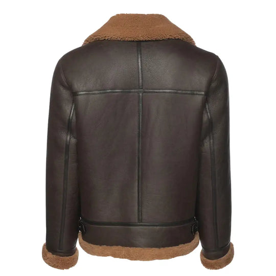 Back view of the Rob Brown B3 Bomber Shearling Jacket, featuring dark brown leather and tan shearling lining along the collar and waist, with adjustable belt straps.