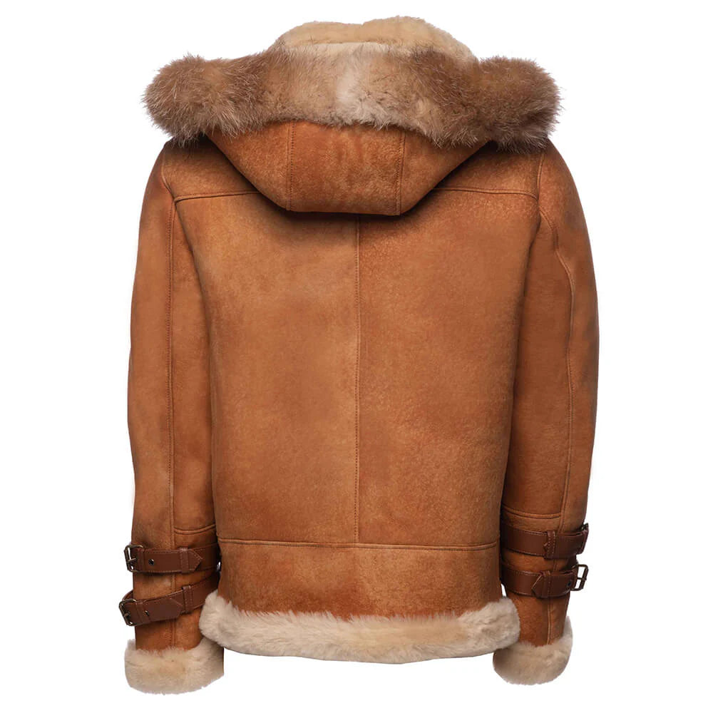 Cognac shearling aviator jacket back view with fur hood and trim on a white background