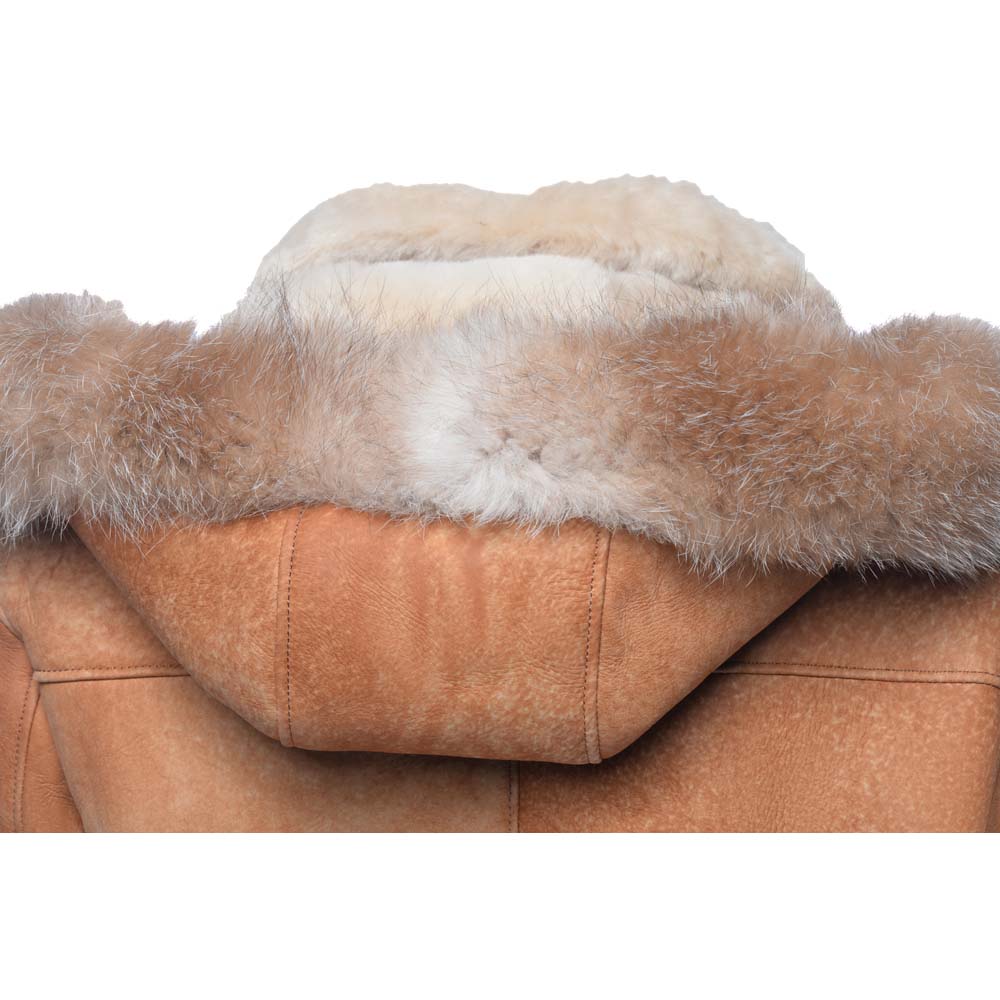Close-up of a Back hood Cognac shearling aviator jacket with fur trim on a white background