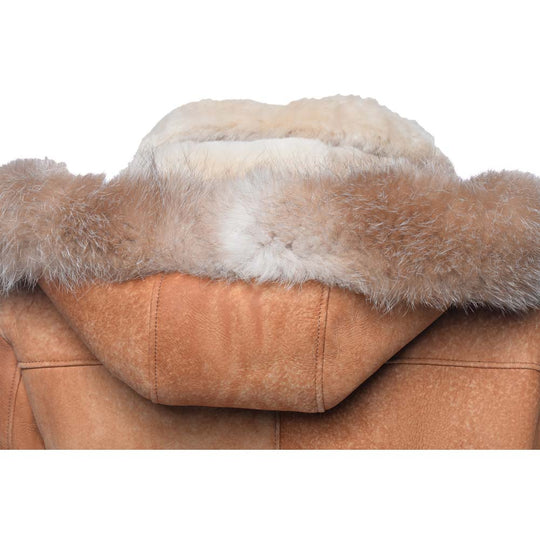 Close-up of a Back hood Cognac shearling aviator jacket with fur trim on a white background