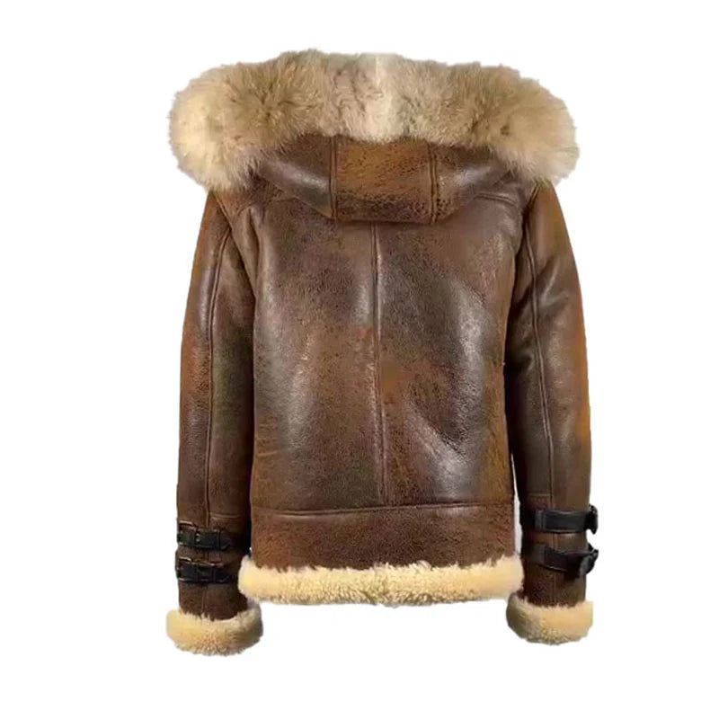 Back view of the Rocco vintage brown aviator shearling jacket on a mannequin, featuring a classic cream shearling collar with a fur hoodie.