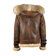 Back view of the Rocco vintage brown aviator shearling jacket on a mannequin, featuring a classic cream shearling collar with a fur hoodie.