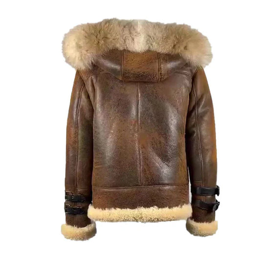 Back view of the Rocco vintage brown aviator shearling jacket on a mannequin, featuring a classic cream shearling collar with a fur hoodie.
