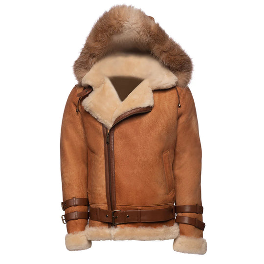 Front look of Rocco vintage cognac bomber jacket with fur trimmed hood with closed zipper.